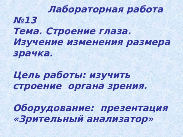  Лабораторная работа №13  Тема. Строение глаза. Изучение изменения размера зрачка.   Цель работы: изучить строение органа зрения.   Оборудование: презентация «Зрительный анализатор» 