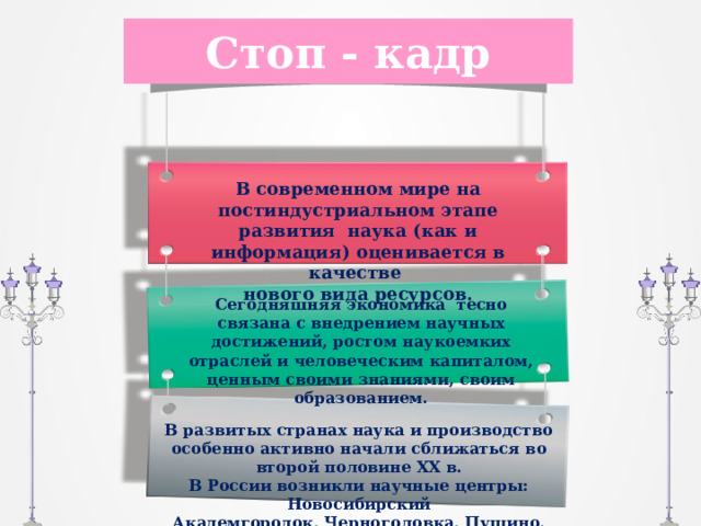 Стоп - кадр В современном мире на постиндустриальном этапе развития наука (как и информация) оценивается в качестве нового вида ресурсов. Сегодняшняя экономика тесно связана с внедрением научных достижений, ростом наукоемких отраслей и человеческим капиталом, ценным своими знаниями, своим образованием. В развитых странах наука и производство особенно активно начали сближаться во второй половине XX в. В России возникли научные центры: Новосибирский Академгородок, Черноголовка, Пущино, Протвино и др. 