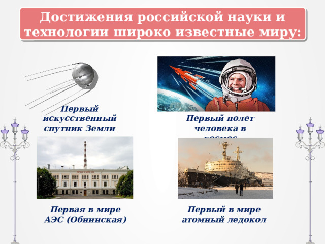 Достижения российской науки и технологии широко известные миру: Первый искусственный спутник Земли Первый полет человека в космос Первая в мире АЭС (Обнинская) Первый в мире атомный ледокол 