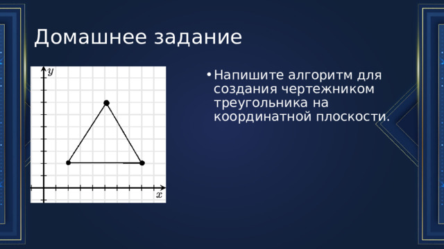 Домашнее задание Напишите алгоритм для создания чертежником треугольника на координатной плоскости. 