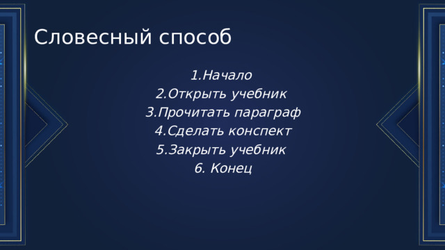 Словесный способ 1.Начало 2.Открыть учебник 3.Прочитать параграф 4.Сделать конспект 5.Закрыть учебник 6. Конец 