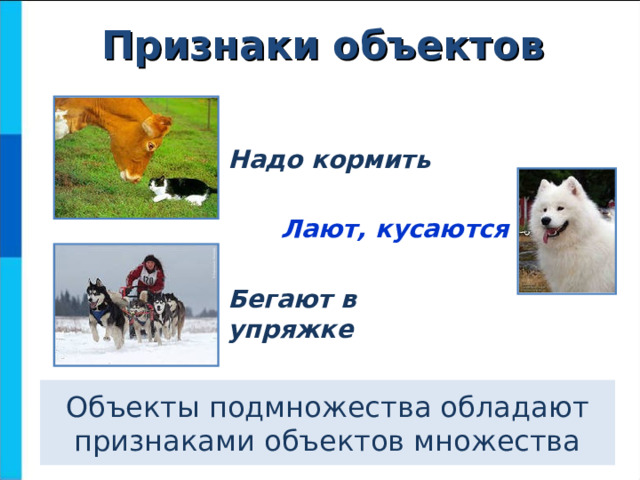Признаки объектов Надо кормить Лают, кусаются Бегают в упряжке Объекты подмножества обладают признаками объектов множества 