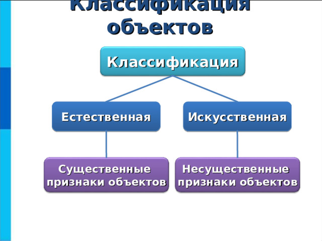 Классификация объектов Классификация Естественная Искусственная Существенные признаки объектов Несущественные признаки объектов 