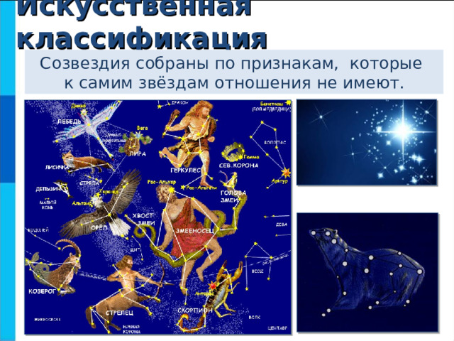 Искусственная классификация Созвездия собраны по признакам, которые  к самим звёздам отношения не имеют. 