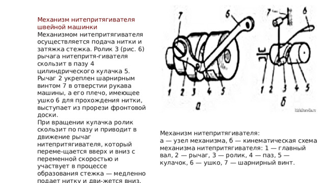 Механизм нитепритягивателя швейной машинки Механизмом нитепритягивателя осуществляется подача нитки и затяжка стежка. Ролик 3 (рис. 6) рычага нитепритя-гивателя скользит в пазу 4 цилиндрического кулачка 5. Рычаг 2 укреплен шарнирным винтом 7 в отверстии рукава машины, а его плечо, имеющее ушко 6 для прохождения нитки, выступает из прорези фронтовой доски. При вращении кулачка ролик скользит по пазу и приводит в движение рычаг нитепритягивателя, который переме-щается вверх и вниз с переменной скоростью и участвует в процессе образования стежка — медленно подает нитку и дви-жется вниз, быстро поднимается вверх и затягивает стежок. Механизм нитепритягивателя:  а — узел механизма, б — кинематическая схема механизма нитепритягивателя: 1 — главный вал, 2 — рычаг, 3 — ролик, 4 — паз, 5 — кулачок, 6 — ушко, 7 — шарнирный винт. 
