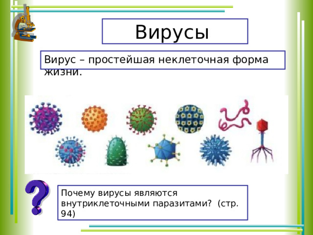 Вирусы Вирус – простейшая неклеточная форма жизни. Почему вирусы являются внутриклеточными паразитами? (стр. 94) 