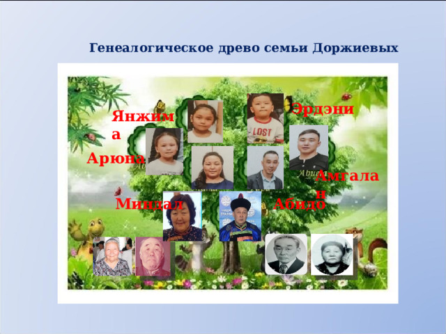 Генеалогическое древо семьи Доржиевых Эрдэни Янжима Арюна Амгалан  Миндал Абидо 