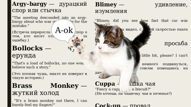 Blimey  — удивление, изумления Argy–bargy  — дурацкий спор или стычка 