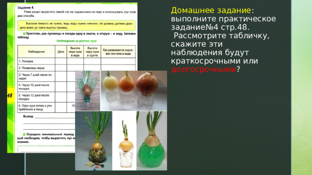 Домашнее задание :  выполните практическое задание№4 стр.48.  Рассмотрите табличку, скажите эти наблюдения будут краткосрочными или долгосрочными ? 
