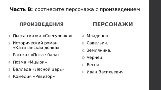 Часть В: соотнесите персонажа с произведением ПРОИЗВЕДЕНИЯ ПЕРСОНАЖИ Пьеса-сказка «Снегурочка» Исторический роман «Капитанская дочка» Рассказ «После бала» Поэма «Мцыри» Баллада «Лесной царь» Комедия «Ревизор» Младенец. Савельич. Земляника. Чернец. Весна. Иван Васильевич. 