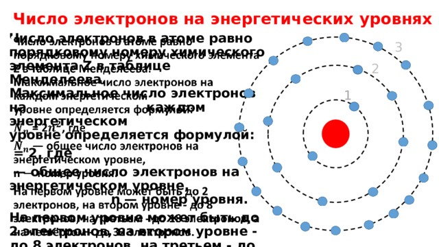 Число электронов на энергетических уровнях Число электронов в атоме равно порядковому номеру химического элемента Z в таблице Менделеева. Максимальное число электронов на каждом энергетическом уровне   определяется формулой:    = 2, где — общее число электронов на энергетическом уровне, n — номер уровня. На первом уровне может быть до 2 электронов, на втором уровне - до 8 электронов, на третьем - до 18 электронов, а на четвёртом - до 32 электронов.  3 2 1 