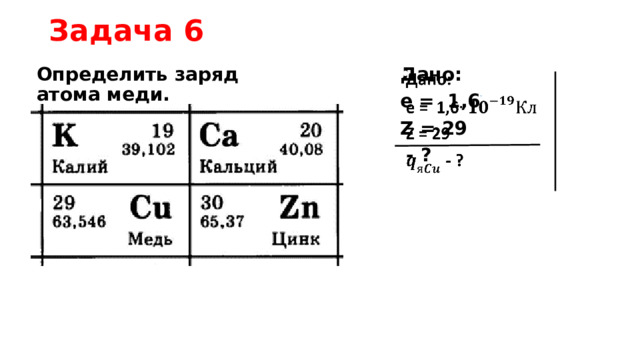 Задача 6 Определить заряд атома меди. Дано:   е = 1,6 Z = 29  - ? 