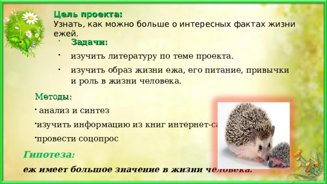 Цель проекта: Узнать, как можно больше о интересных фактах жизни ежей.    Задачи: изучить литературу по теме проекта. изучить образ жизни ежа, его питание, привычки и роль в жизни человека.  Методы:   анализ и синтез изучить информацию из книг интернет-сайтов провести соцопрос  Гипотеза : еж имеет большое значение в жизни человека. 