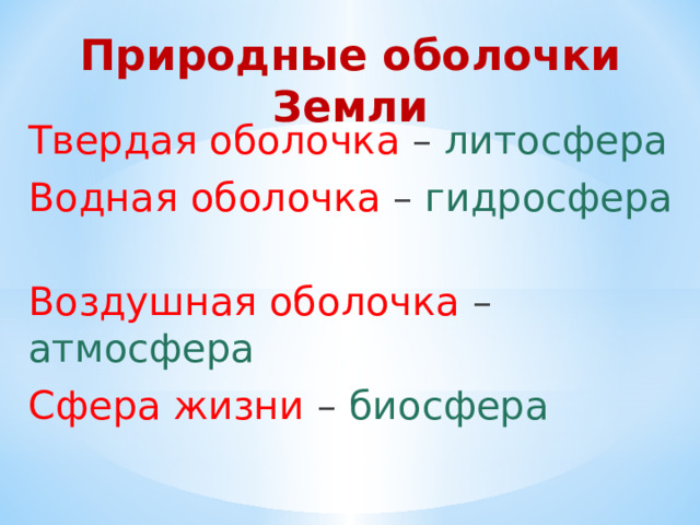 Природные оболочки Земли Твердая оболочка – литосфера Водная оболочка – гидросфера  Воздушная оболочка – атмосфера Сфера жизни – биосфера 