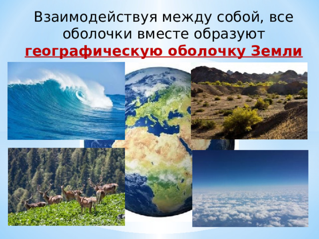 Взаимодействуя между собой, все оболочки вместе образуют географическую оболочку Земли  