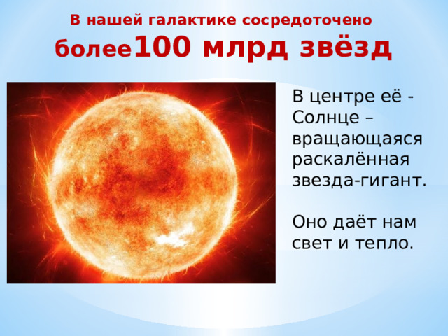 В нашей галактике сосредоточено  более 100 млрд звёзд В центре её - Солнце – вращающаяся раскалённая звезда-гигант. Оно даёт нам свет и тепло. 