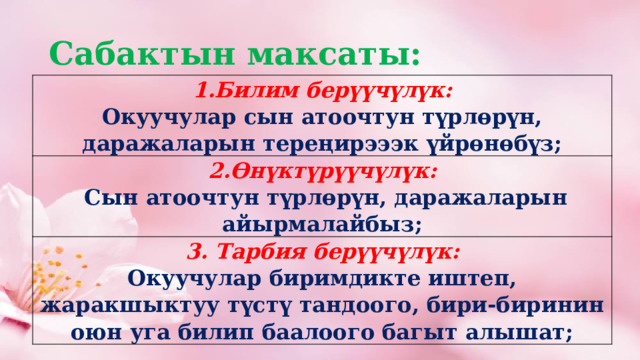 Сабактын максаты: 1.Билим берүүчүлүк: Окуучулар сын атоочтун түрлөрүн, даражаларын тереңирэээк үйрөнөбүз; 2.Өнүктүрүүчүлүк:  Сын атоочтун түрлөрүн, даражаларын айырмалайбыз; 3. Тарбия берүүчүлүк: Окуучулар биримдикте иштеп, жаракшыктуу түстү тандоого, бири-биринин оюн уга билип баалоого багыт алышат; 