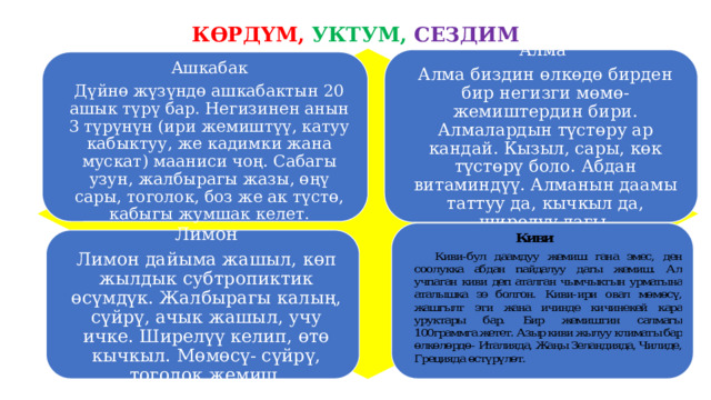КӨРДҮМ,  УКТУМ,  СЕЗДИМ Алма Алма биздин өлкөдө бирден бир негизги мөмө-жемиштердин бири. Алмалардын түстөру ар кандай. Кызыл, сары, көк түстөрү боло. Абдан витаминдүү. Алманын даамы таттуу да, кычкыл да, ширелүү дагы. Ашкабак Дүйнө жүзүндө ашкабактын 20 ашык түрү бар. Негизинен анын 3 түрүнүн (ири жемиштүү, катуу кабыктуу, же кадимки жана мускат) мааниси чоң. Сабагы узун, жалбырагы жазы, өңү сары, тоголок, боз же ак түстө, кабыгы жумшак келет. Лимон Лимон дайыма жашыл, көп жылдык субтропиктик өсүмдүк. Жалбырагы калың, сүйрү, ачык жашыл, учу ичке. Ширелүү келип, өтө кычкыл. Мөмөсү- сүйрү, тоголок жемиш. 