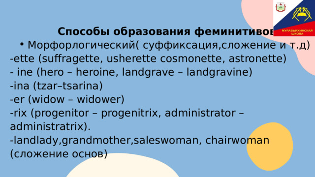 Способы образования феминитивов : Морфорлогический( суффиксация,сложение и т.д) Морфорлогический( суффиксация,сложение и т.д) -ette (suffragette, usherette cosmonette, astronette) - ine (hero – heroine, landgrave – landgravine) -ina (tzar–tsarina) -er (widow – widower) -rix (progenitor – progenitrix, administrator – administratrix). -landlady,grandmother,saleswoman, chairwoman (сложение основ) 