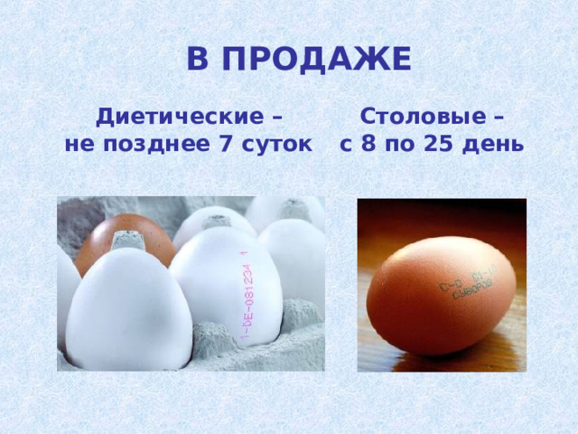 В ПРОДАЖЕ Диетические – не позднее 7 суток Столовые – с 8 по 25 день 