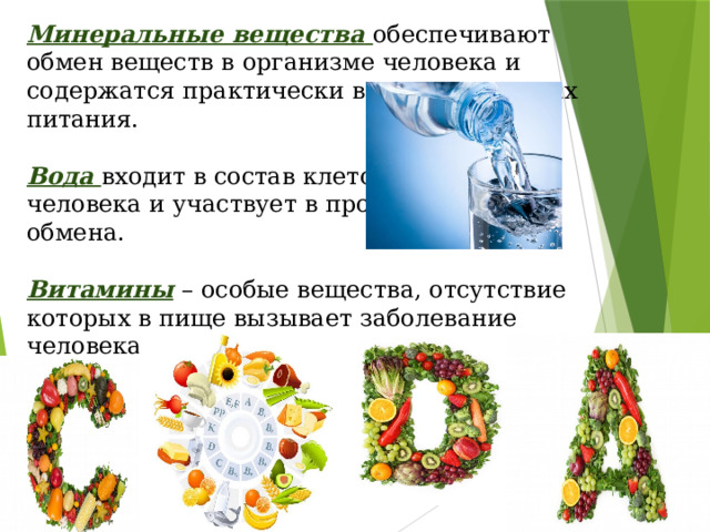 Минеральные вещества  обеспечивают обмен веществ в организме человека и содержатся практически во всех продуктах питания.   Вода  входит в состав клеток тела  человека и участвует в процессах  обмена.   Витамины  – особые вещества, отсутствие которых в пище вызывает заболевание человека. Они помогают усваивать пищу и участвуют в биохимических реакциях организма.  
