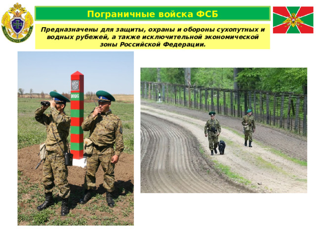 Пограничные войска ФСБ Предназначены для защиты, охраны и обороны сухопутных и водных рубежей, а также исключительной экономической зоны Российской Федерации. 