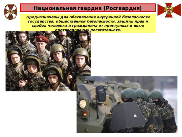 Национальная гвардия (Росгвардия) Предназначены для обеспечения внутренней безопасности государства, общественной безопасности, защиты прав и свобод человека и гражданина от преступных и иных противоправных посягательств. 