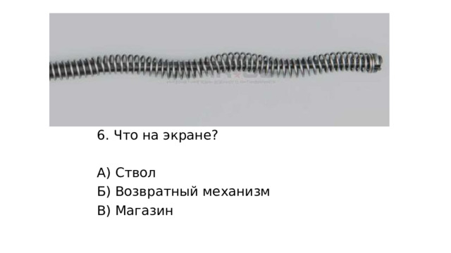 6. Что на экране? А) Ствол Б) Возвратный механизм В) Магазин 