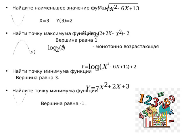 Найдите наименьшее значение функции  X=3 Y(3)=2 Найти точку максимума функции  Вершина равна 1  ( - монотонно возрастающая функция) Найти точку минимума функции  Вершина равна 3. Найдите точку минимума функции  Вершина равна -1. 