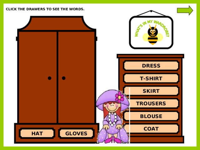 CLICK THE DRAWERS TO SEE THE WORDS. DRESS T-SHIRT SKIRT SORRY… TRY AGAIN! YES!!! IT’S A SKIRT! TROUSERS BLOUSE COAT HAT GLOVES 