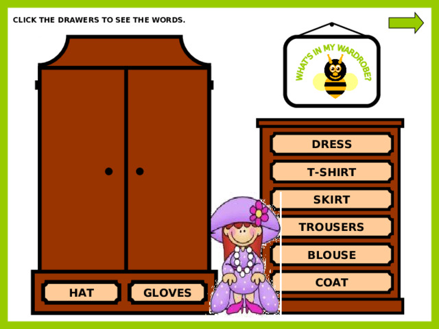 CLICK THE DRAWERS TO SEE THE WORDS. DRESS T-SHIRT SKIRT SORRY… TRY AGAIN! YES!!! IT’S A COAT! TROUSERS BLOUSE COAT HAT GLOVES 