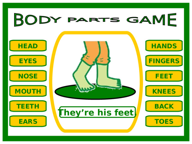 HANDS HEAD EYES FINGERS NOSE FEET MOUTH KNEES TEETH BACK They’re his feet. TOES EARS 