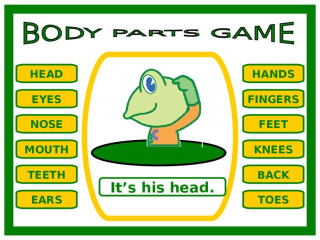 HANDS HEAD EYES FINGERS NOSE FEET MOUTH KNEES TEETH BACK It’s his head. TOES EARS 