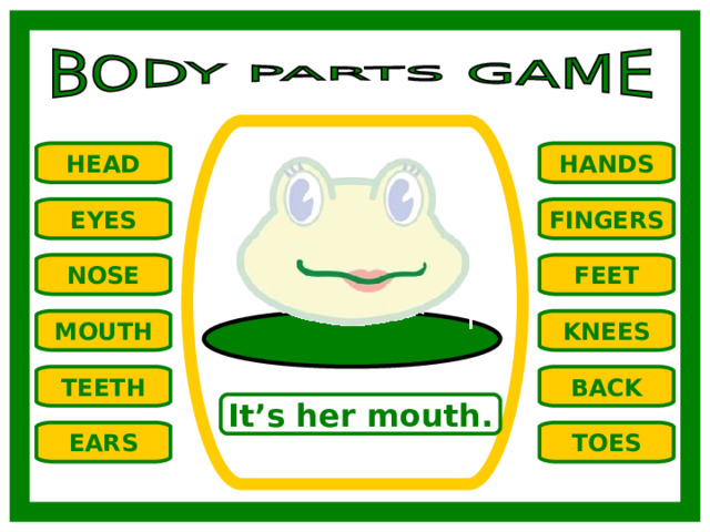 HANDS HEAD EYES FINGERS NOSE FEET MOUTH KNEES TEETH BACK It’s her mouth. TOES EARS 
