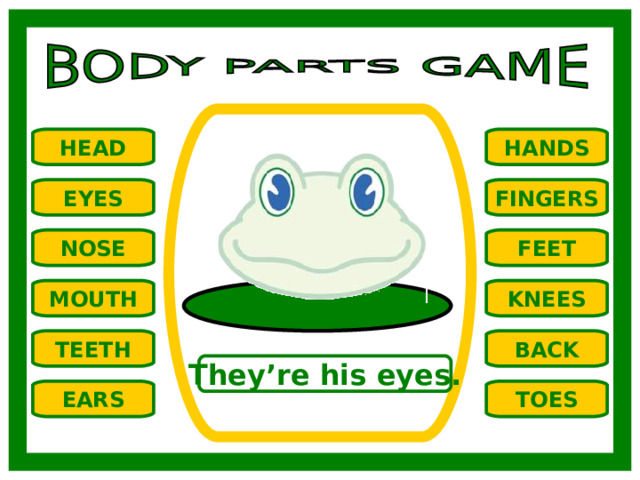 HANDS HEAD EYES FINGERS NOSE FEET MOUTH KNEES TEETH BACK They’re his eyes. TOES EARS 