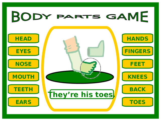 HANDS HEAD EYES FINGERS NOSE FEET MOUTH KNEES TEETH BACK They’re his toes. TOES EARS 