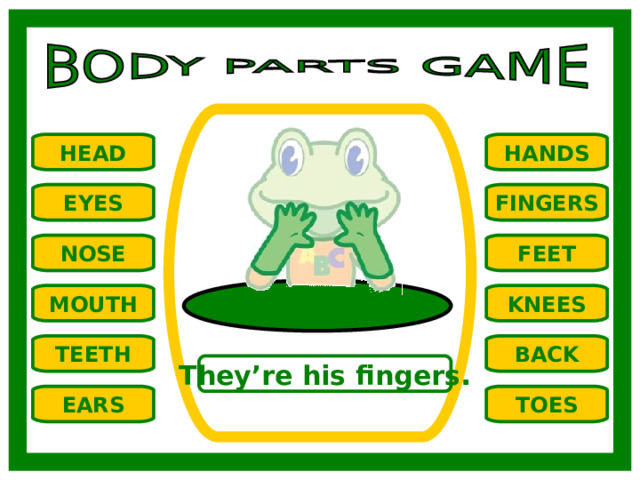 HANDS HEAD EYES FINGERS NOSE FEET MOUTH KNEES TEETH BACK They’re his fingers . TOES EARS 