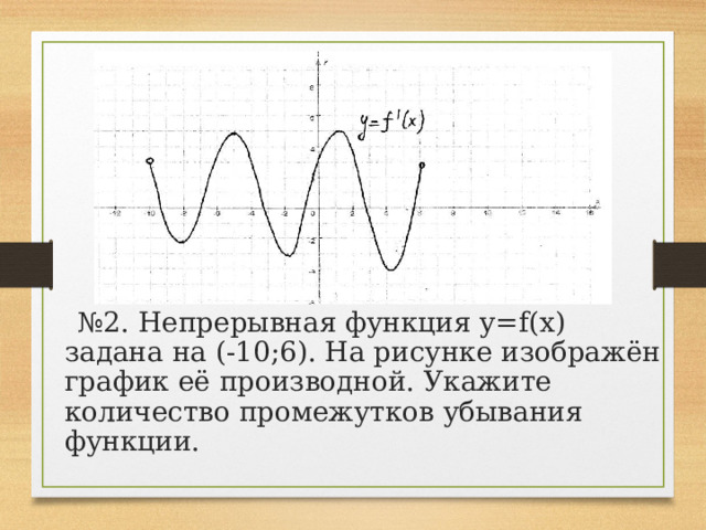 № 2. Непрерывная функция y=f(x) задана на (-10;6). На рисунке изображён график её производной. Укажите количество промежутков убывания функции. 