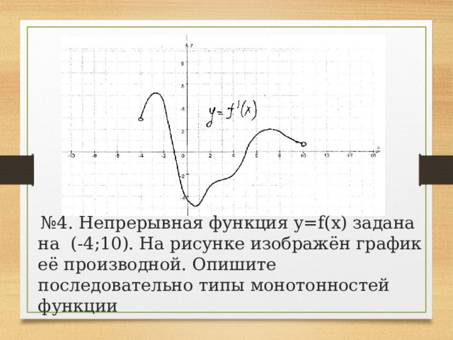 № 4. Непрерывная функция y=f(x) задана на (-4;10). На рисунке изображён график её производной. Опишите последовательно типы монотонностей функции 