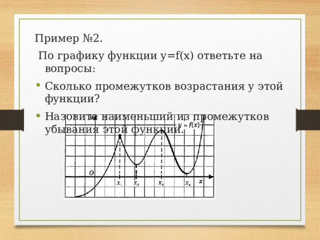 Пример №2.  По графику функции y=f(x) ответьте на вопросы: Сколько промежутков возрастания у этой функции? Назовите наименьший из промежутков убывания этой функции. 