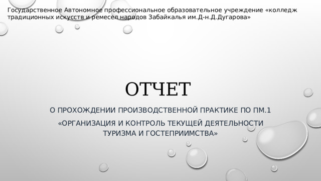 Государственное Автономное профессиональное образовательное учреждение «колледж традиционных искусств и ремесел народов Забайкалья им.Д-н.Д.Дугарова» Отчет О прохождении производственной практике по ПМ.1 «Организация и контроль текущей деятельности туризма и гостеприимства» 