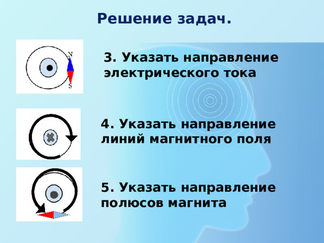 Решение задач. 3. Указать направление электрического тока 4. Указать направление линий магнитного поля 5. Указать направление полюсов магнита 