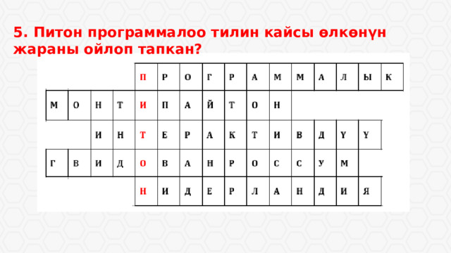 5. Питон программалоо тилин кайсы ѳлкѳнүн жараны ойлоп тапкан? 