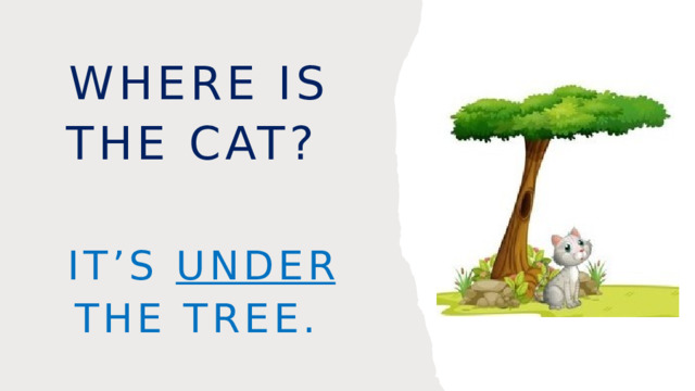 Where is the cat? It’s under the tree. 