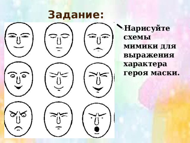 Задание: Нарисуйте схемы мимики для выражения характера героя маски. Так, например, если изображается удивление, то брови  высоко поднимаются, глаза округляются, а рот изображается в виде буквы «о». Если грусть, то уголки губ опускаются, глаза и брови тоже повторяют эту линию. Если радость, веселье, то губы, как бы растягиваются в улыбке, глаза становятся уже, как бы прищуриваются.  
