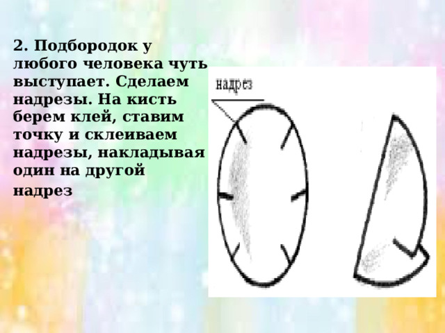 2. Подбородок у любого человека чуть выступает. Сделаем надрезы. На кисть берем клей, ставим точку и склеиваем надрезы, накладывая один на другой надрез 
