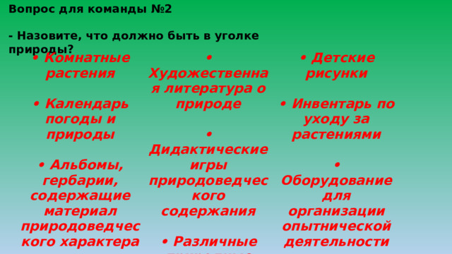 Вопрос для команды №2  - Назовите, что должно быть в уголке природы? • Комнатные растения • Художественная литература о природе  • Детские рисунки  • Календарь погоды и природы  • Дидактические игры природоведческого содержания  • Альбомы, гербарии, содержащие материал природоведческого характера  • Инвентарь по уходу за растениями  • Различные природные материалы   • Оборудование для организации опытнической деятельности 