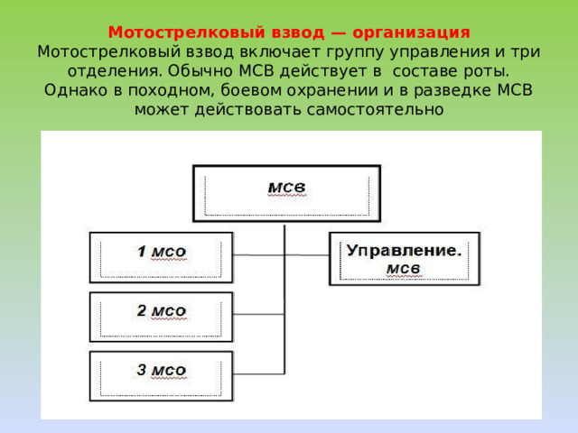 Мотострелковый взвод — организация  Мотострелковый взвод включает группу управления и три отделения. Обычно МСВ действует в  составе роты. Однако в походном, боевом охранении и в разведке МСВ может действовать самостоятельно 