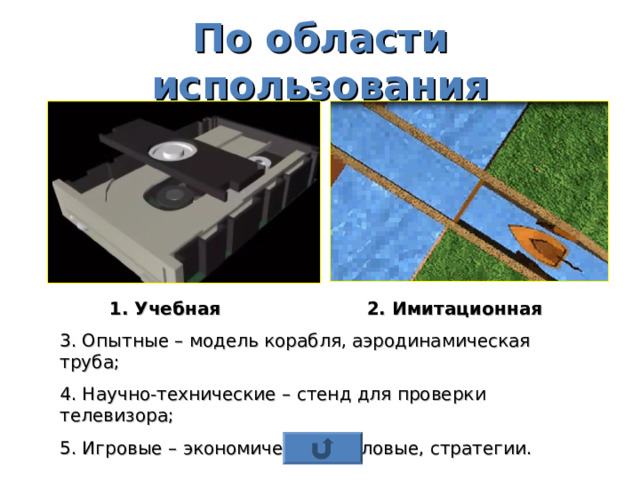 По области использования 1. Учебная 2. Имитационная 3. Опытные – модель корабля, аэродинамическая труба; 4. Научно-технические – стенд для проверки телевизора; 5. Игровые – экономические, деловые, стратегии. 