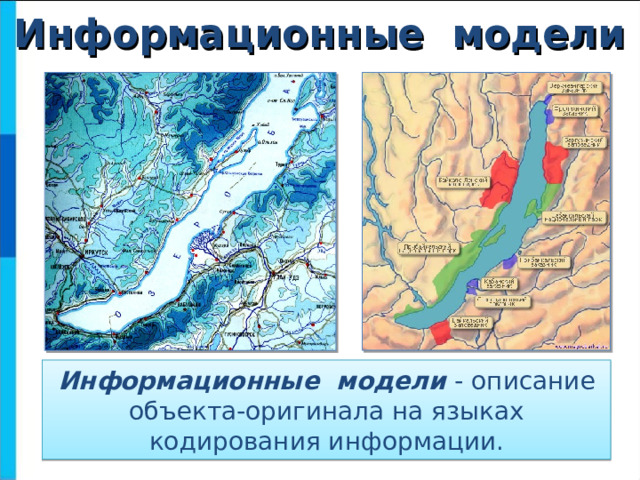 Информационные модели Информационные модели - описание объекта-оригинала на языках кодирования информации.  